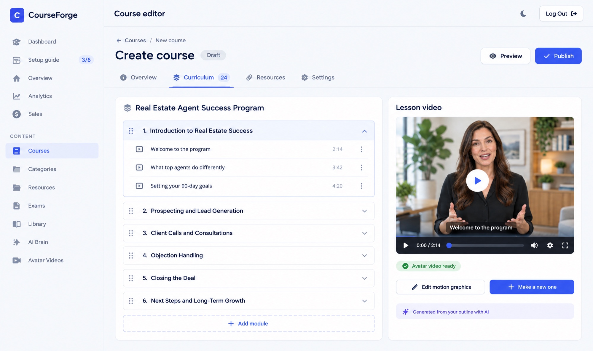 The CourseForge course editor creating a real estate course, with an AI avatar lesson video ready