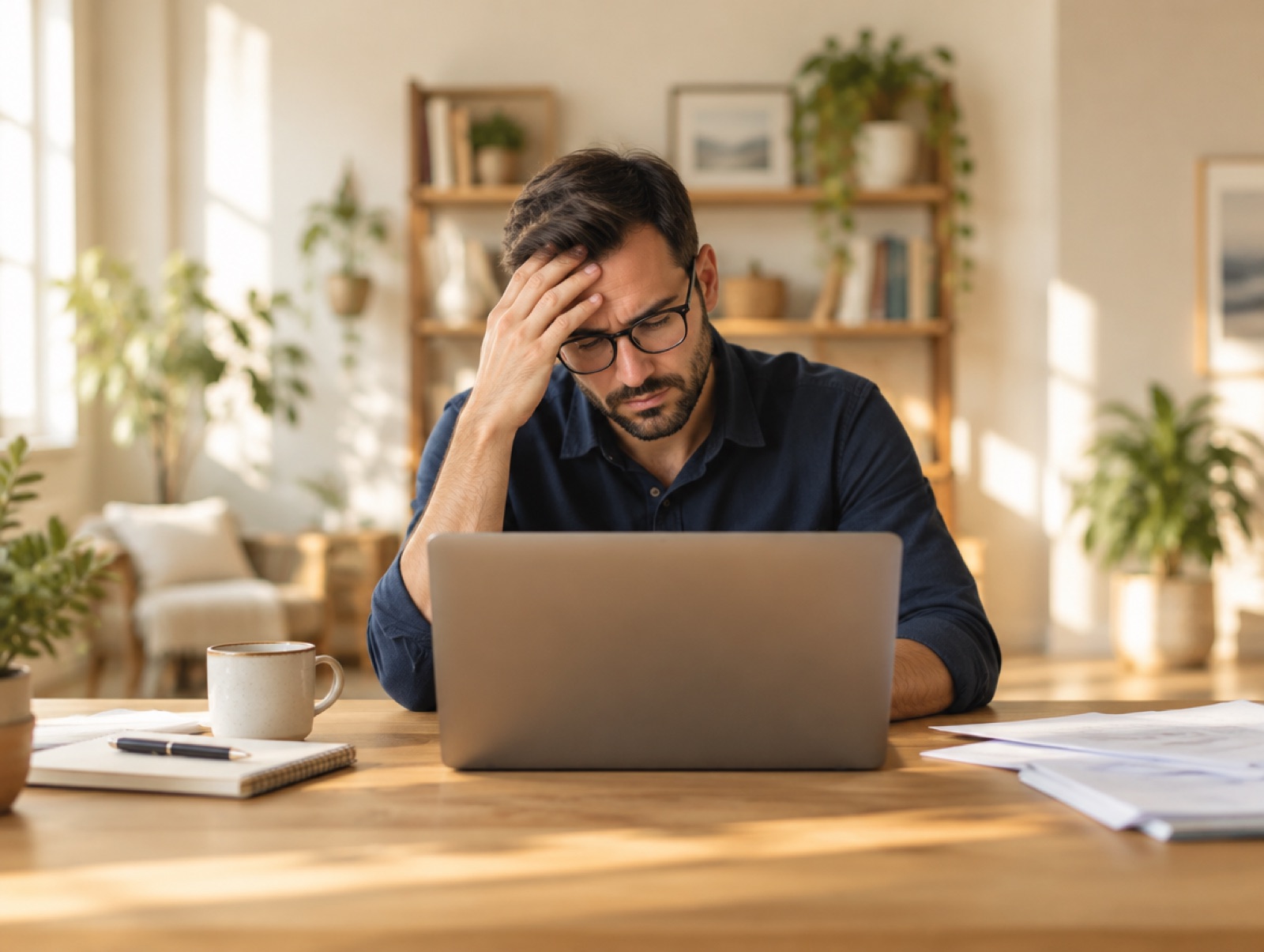 An expert overwhelmed at his desk
